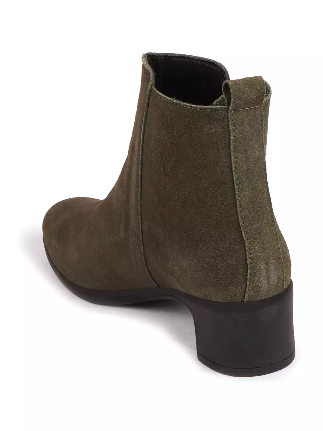 Olive Suede Leather Winter Chelsea Boots for Women with Mid Top, Flared Heel, and Zipper Closure.