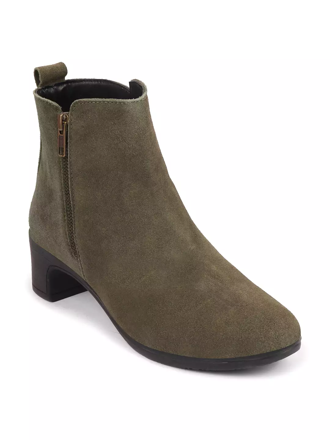 Olive Suede Leather Winter Chelsea Boots for Women with Mid Top, Flared Heel, and Zipper Closure.