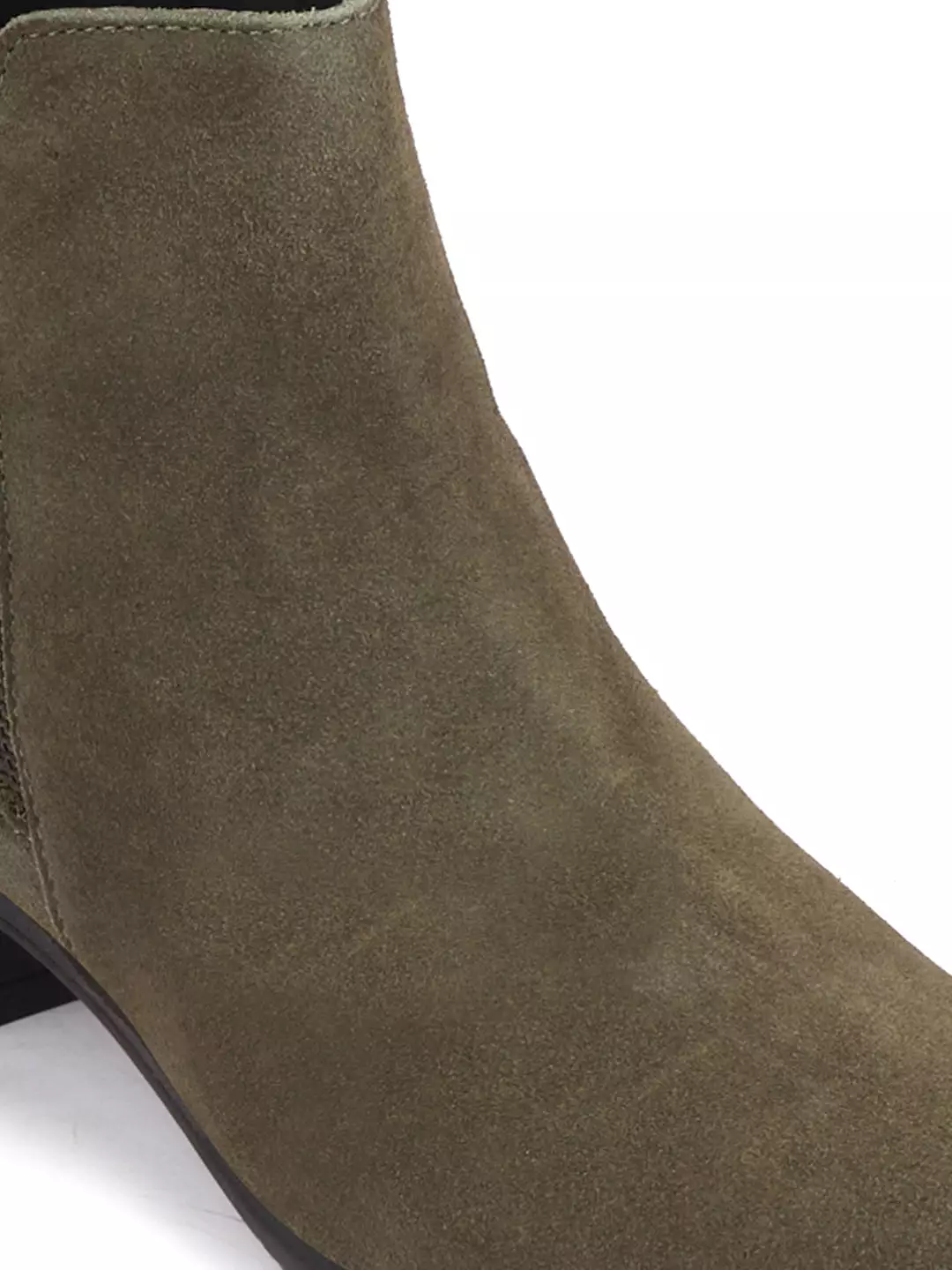 Olive Suede Leather Winter Chelsea Boots for Women with Mid Top, Flared Heel, and Zipper Closure.