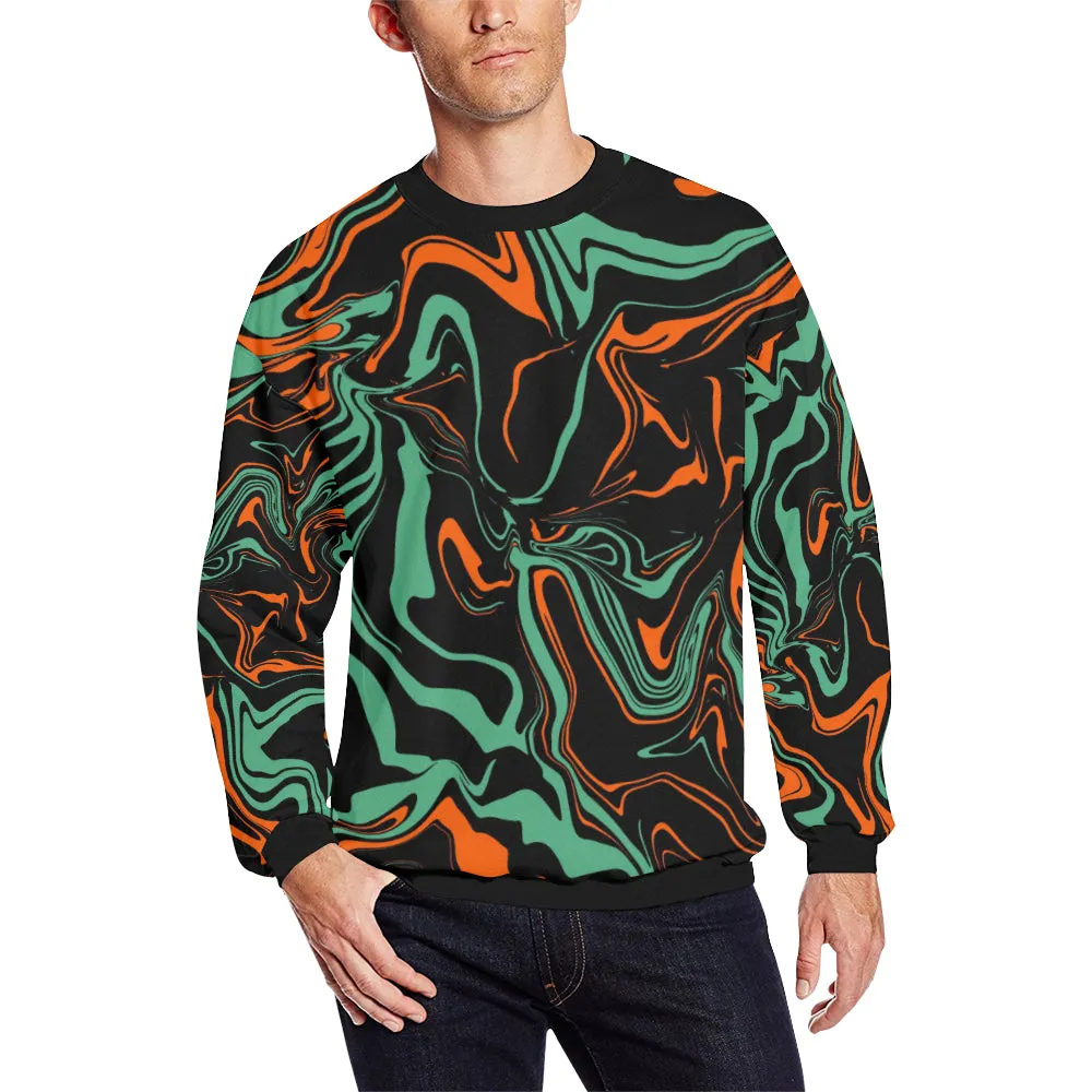 Orange Black Jade Green Psychedelic Camo Men's Big Tall Oversized Fleece Crewneck Sweatshirt - Stylish, Trendy, Comfortable