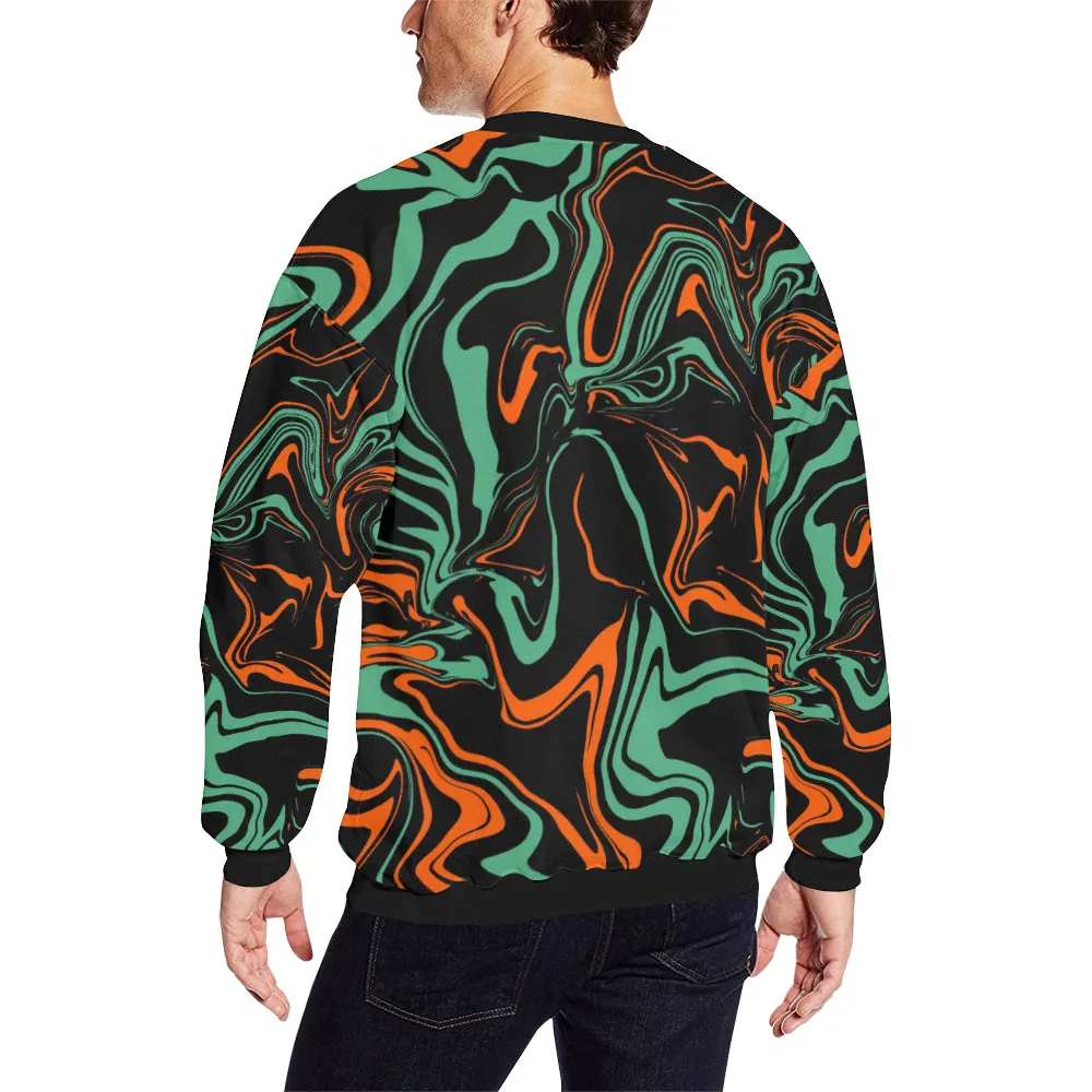 Orange Black Jade Green Psychedelic Camo Men's Big Tall Oversized Fleece Crewneck Sweatshirt - Stylish, Trendy, Comfortable