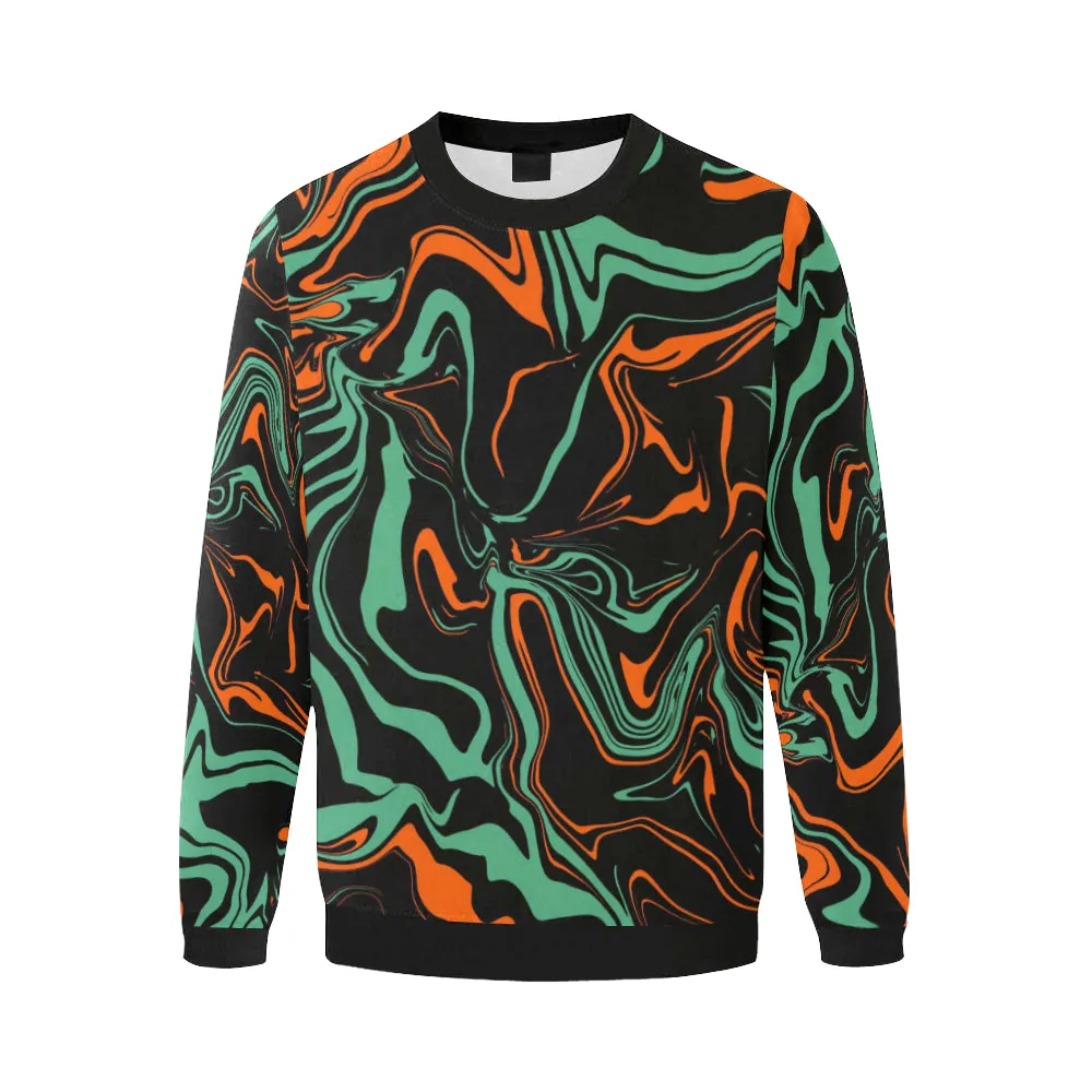 Orange Black Jade Green Psychedelic Camo Men's Big Tall Oversized Fleece Crewneck Sweatshirt - Stylish, Trendy, Comfortable