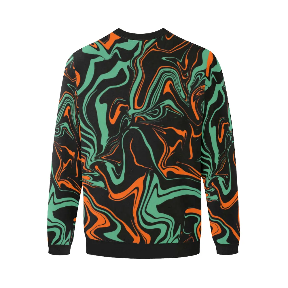 Orange Black Jade Green Psychedelic Camo Men's Big Tall Oversized Fleece Crewneck Sweatshirt - Stylish, Trendy, Comfortable