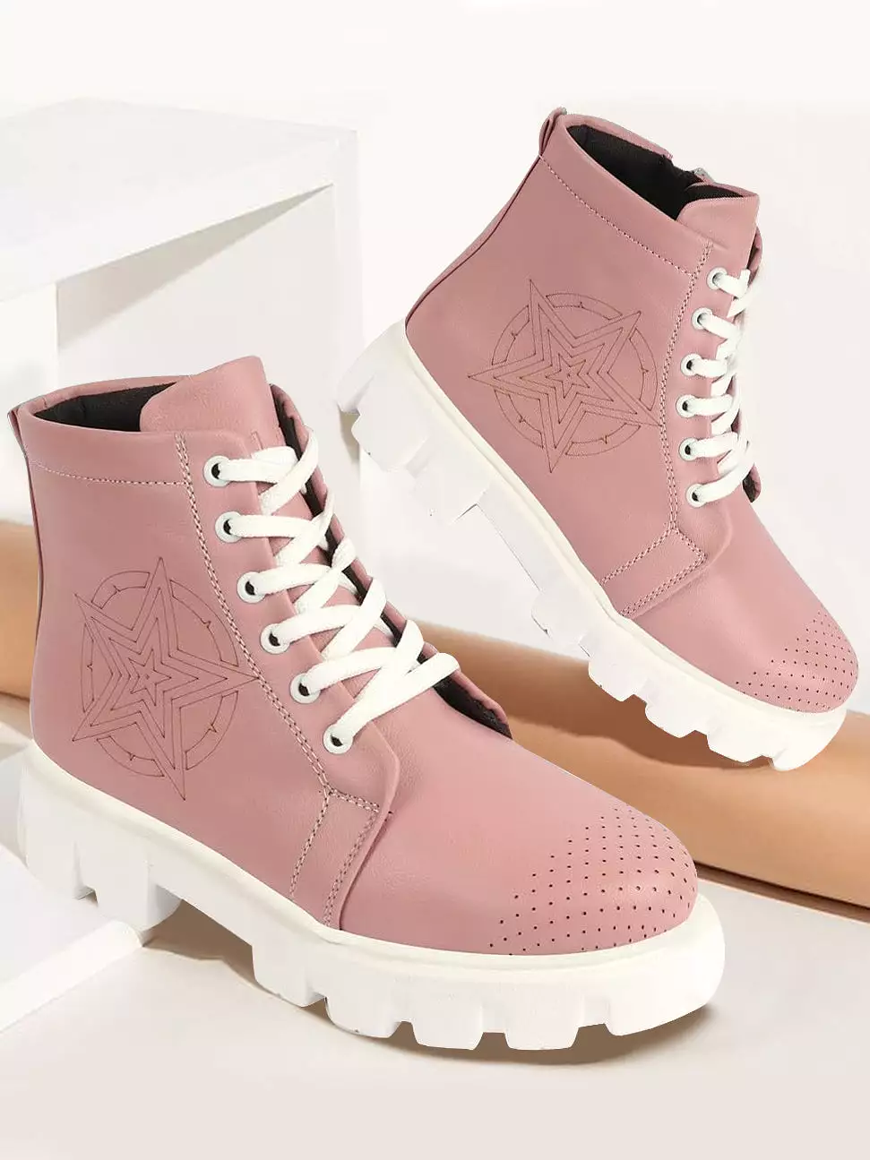 Peach Winter High Top Boots, Women's Chunky Lace Up Outdoor Casual Boots