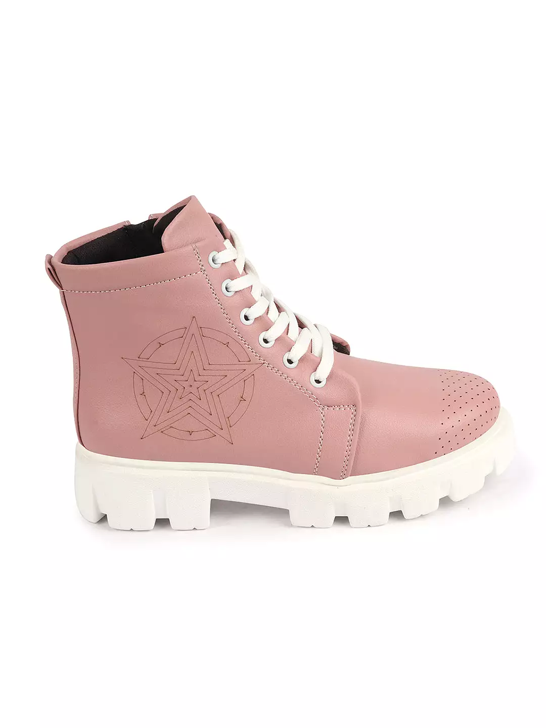 Peach Winter High Top Boots, Women's Chunky Lace Up Outdoor Casual Boots