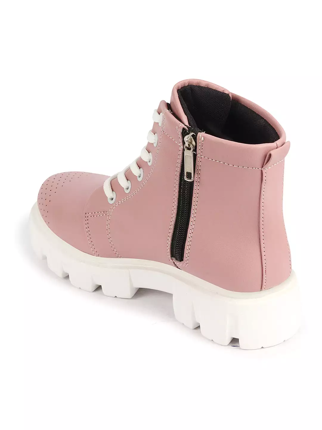 Peach Winter High Top Boots, Women's Chunky Lace Up Outdoor Casual Boots