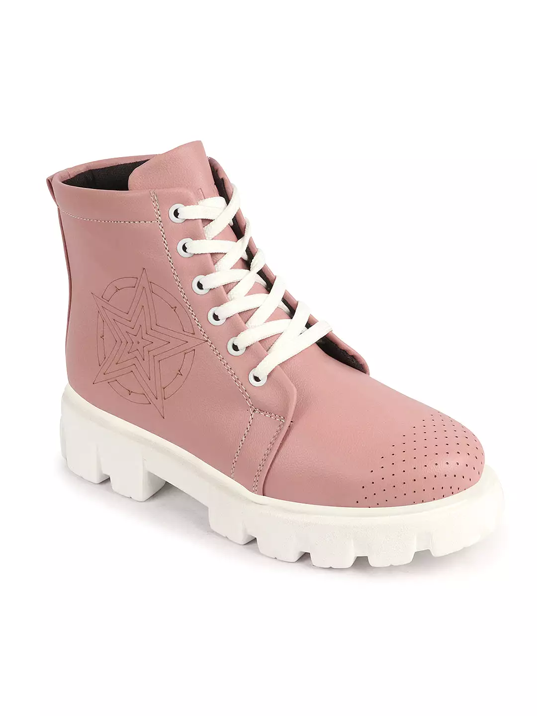 Peach Winter High Top Boots, Women's Chunky Lace Up Outdoor Casual Boots