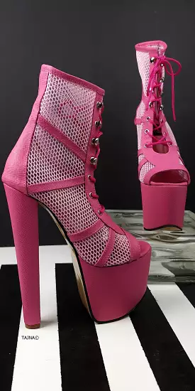 Pink Lace Up High Heel Boots with Fishnet Detail.