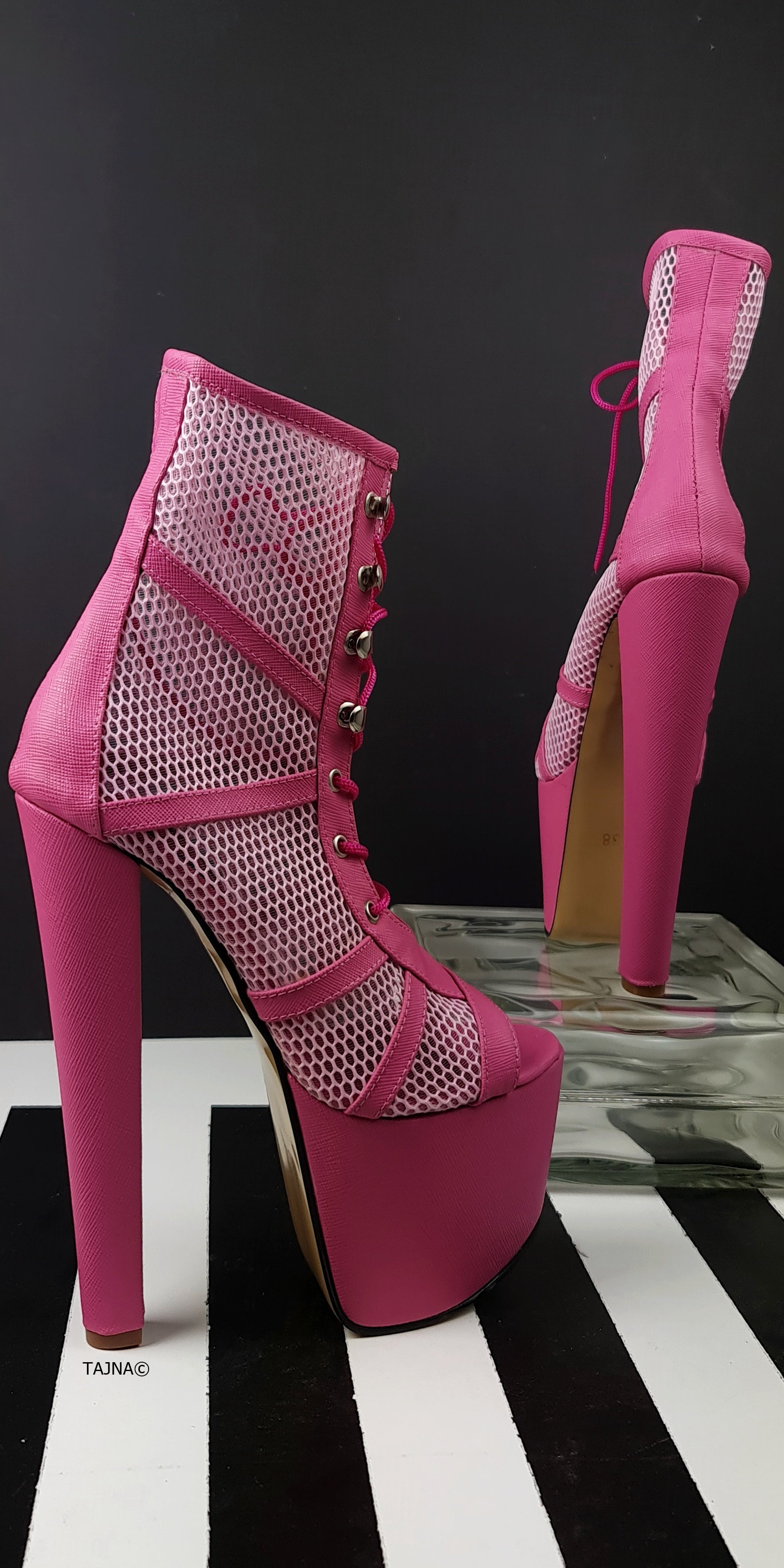 Pink Lace Up High Heel Boots with Fishnet Detail.