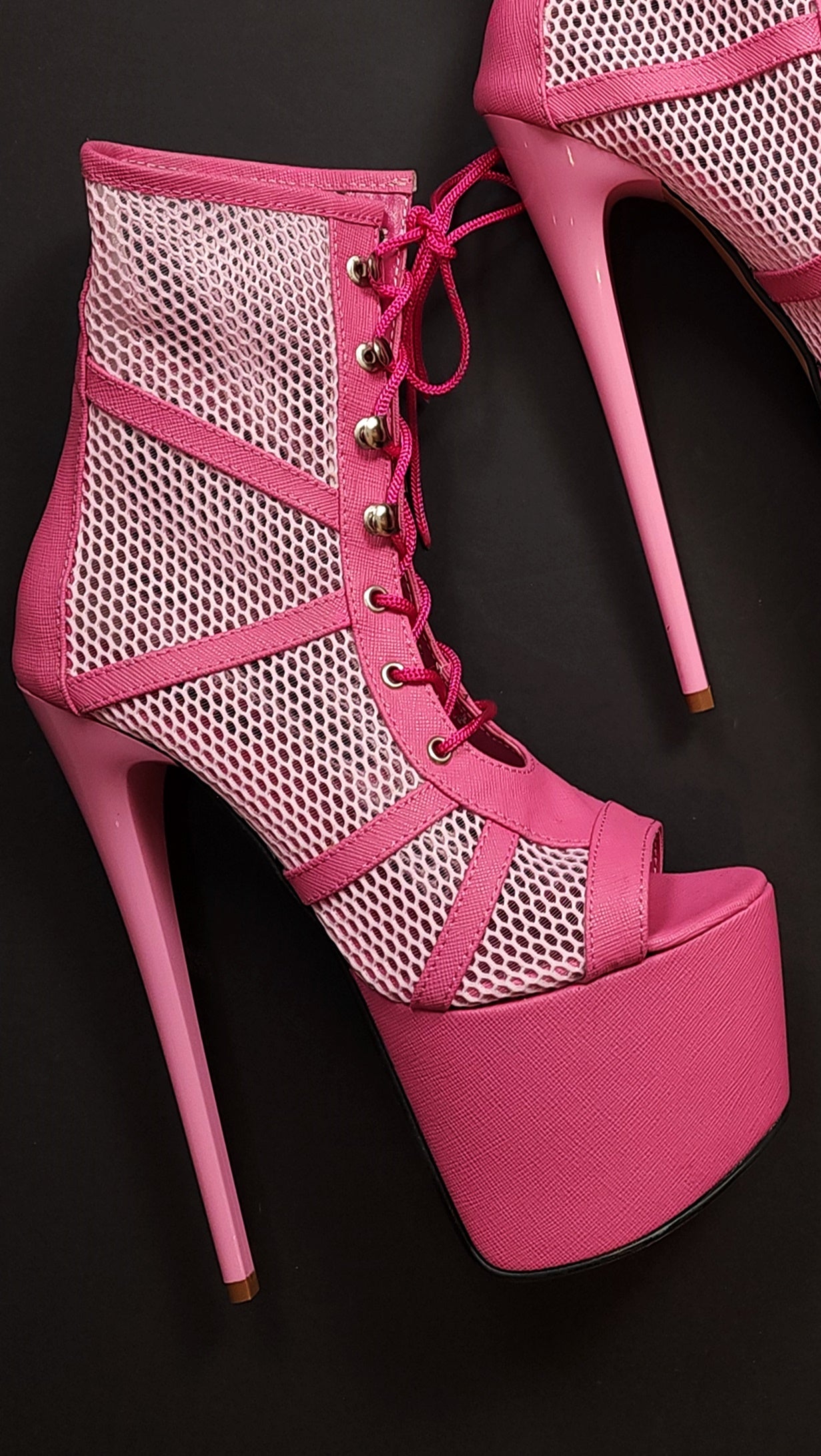 Pink Lace-up Platform High Heel Booties