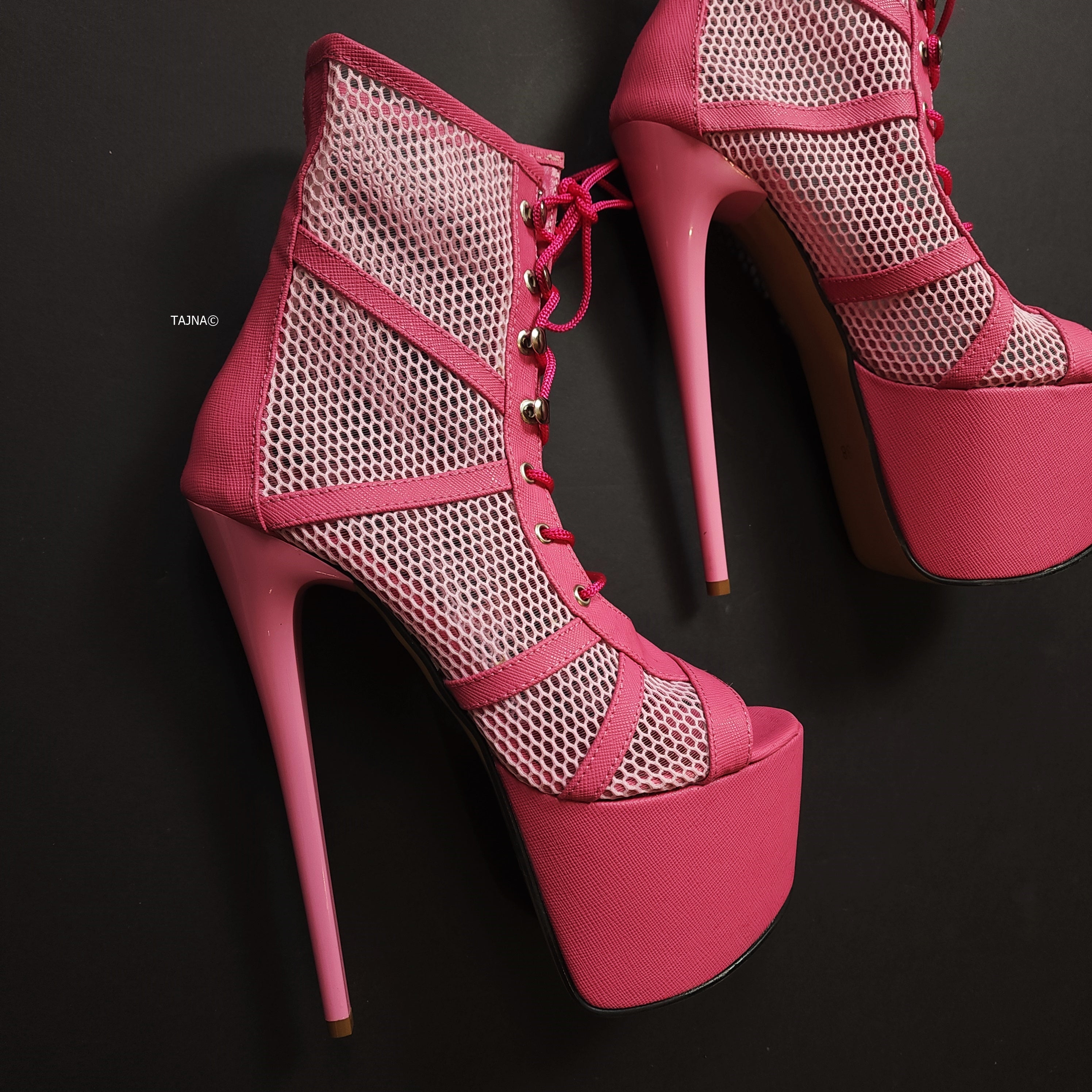 Pink Lace-up Platform High Heel Booties