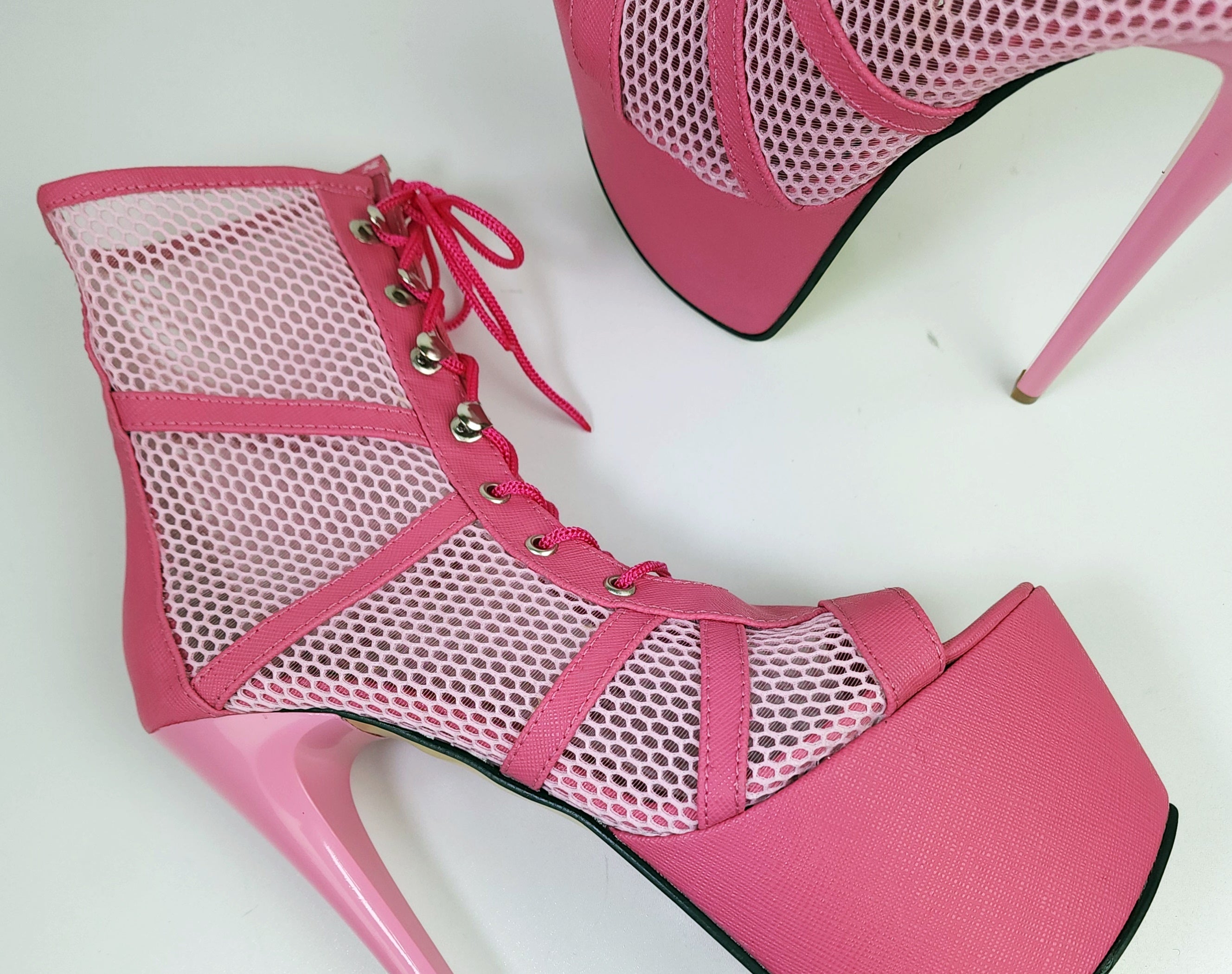 Pink Lace-up Platform High Heel Booties