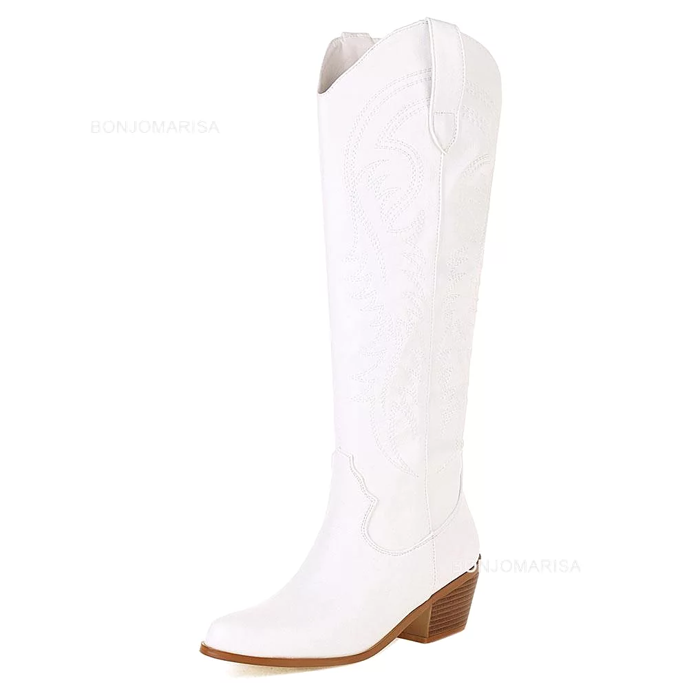 Plus Size Women's Embroidered Western Knee High Boots Cowboy Cowgirl Boots with Chunky Heel and Platform - Women's Western Shoes