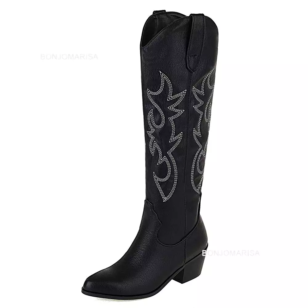 Plus Size Women's Embroidered Western Knee High Boots Cowboy Cowgirl Boots with Chunky Heel and Platform - Women's Western Shoes