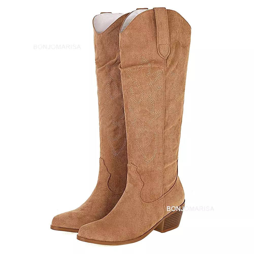 Plus Size Women's Embroidered Western Knee High Boots Cowboy Cowgirl Boots with Chunky Heel and Platform - Women's Western Shoes