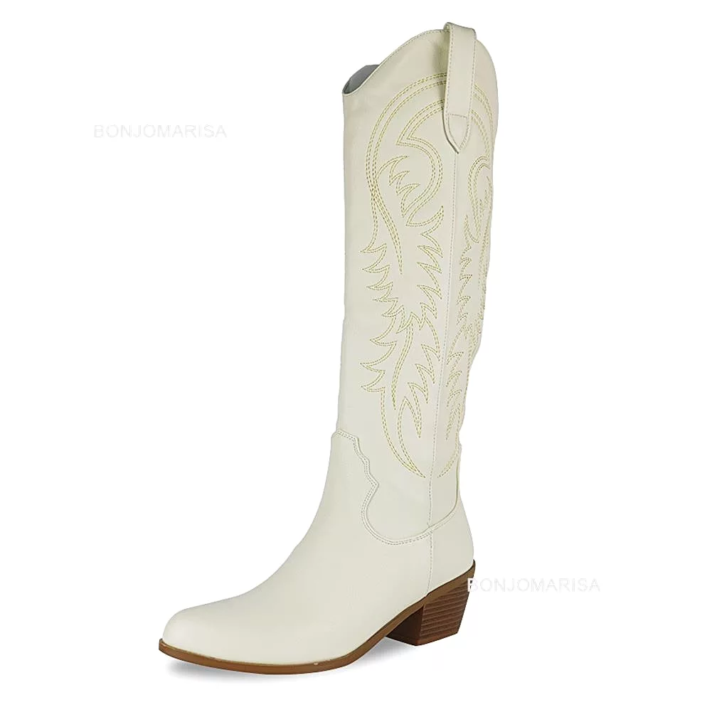 Plus Size Women's Embroidered Western Knee High Boots Cowboy Cowgirl Boots with Chunky Heel and Platform - Women's Western Shoes