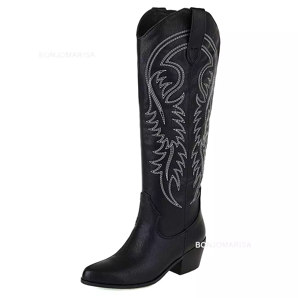 Plus Size Women's Embroidered Western Knee High Boots Cowboy Cowgirl Boots with Chunky Heel and Platform - Women's Western Shoes