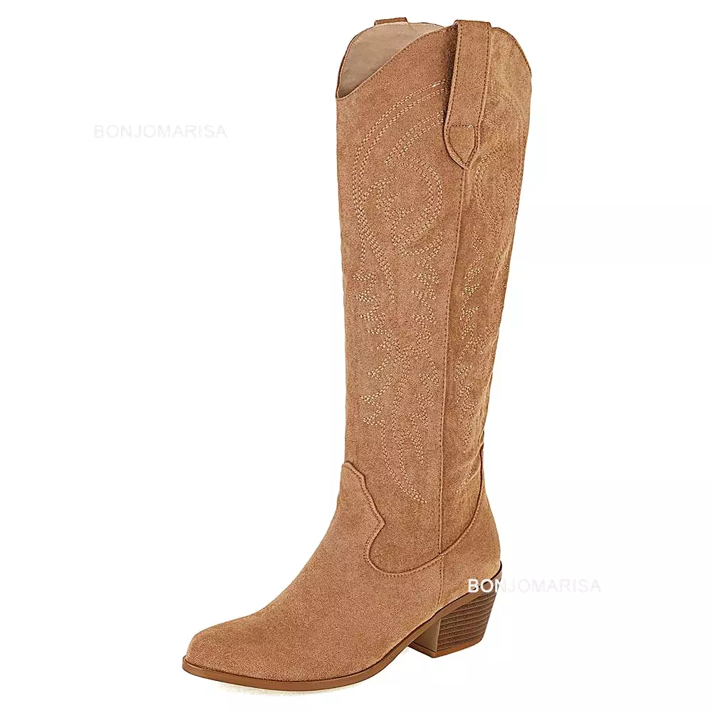 Plus Size Women's Embroidered Western Knee High Boots Cowboy Cowgirl Boots with Chunky Heel and Platform - Women's Western Shoes