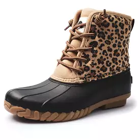 POT IT Women's Leopard Mid Calf Duck Boots - Slip On Waterproof Booties for Snow and Rain