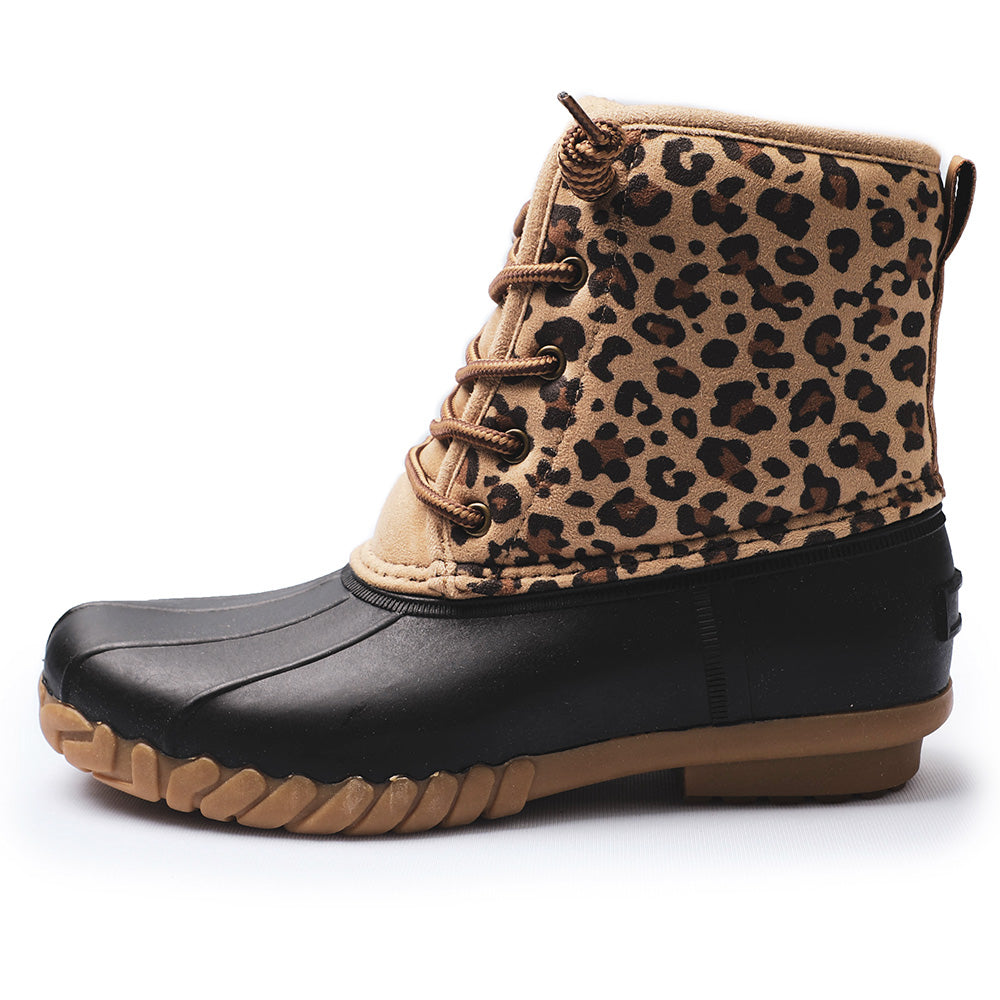 POT IT Women's Leopard Mid Calf Duck Boots - Slip On Waterproof Booties for Snow and Rain