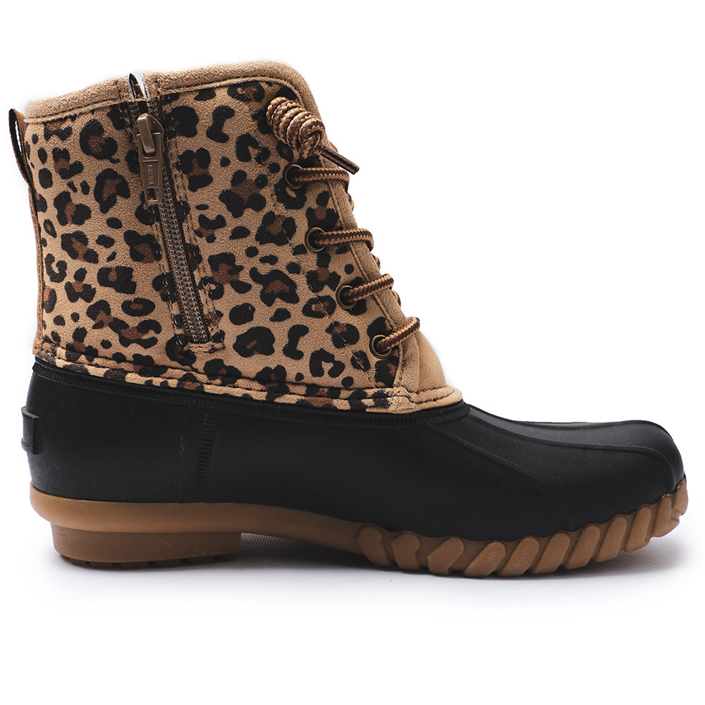 POT IT Women's Leopard Mid Calf Duck Boots - Slip On Waterproof Booties for Snow and Rain