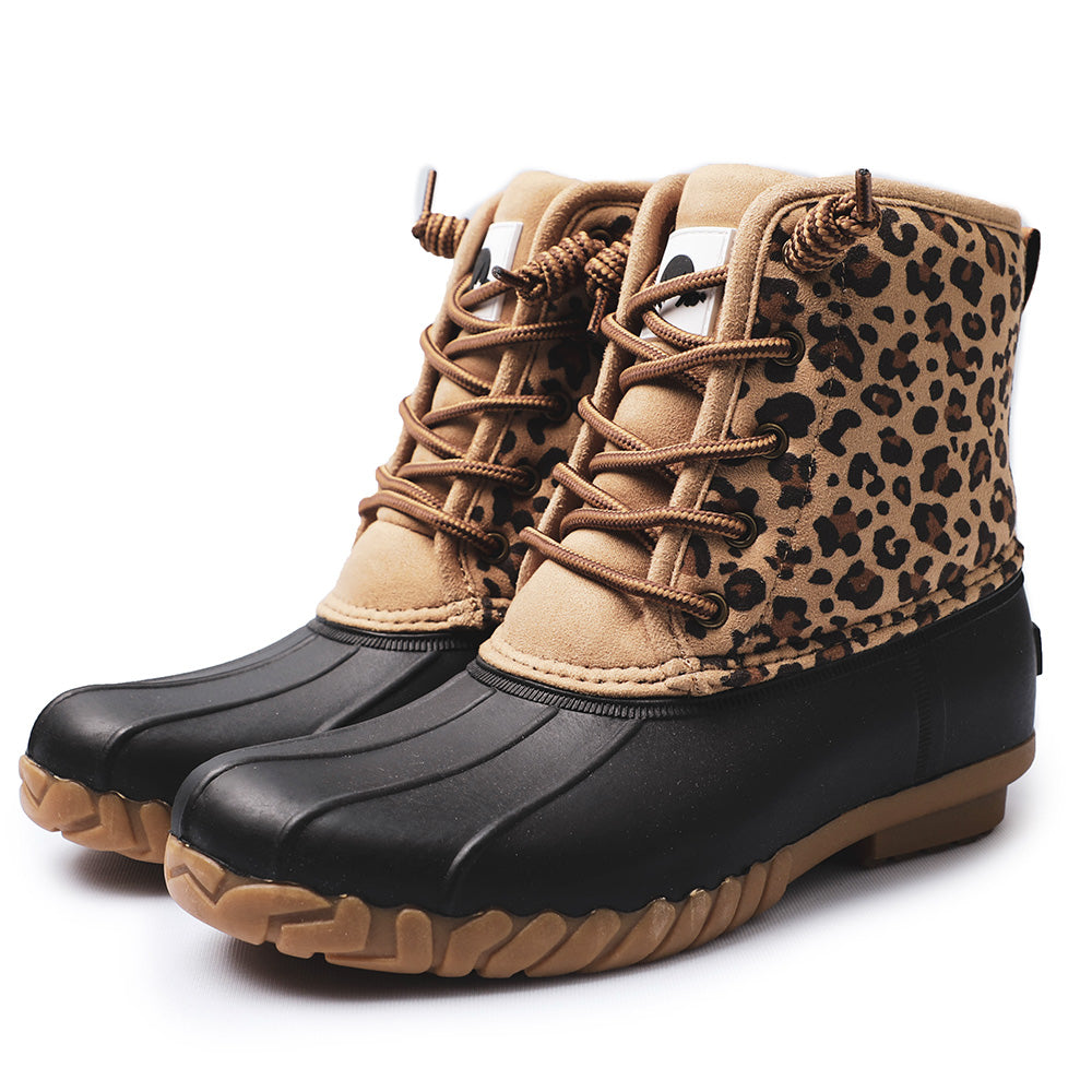 POT IT Women's Leopard Mid Calf Duck Boots - Slip On Waterproof Booties for Snow and Rain