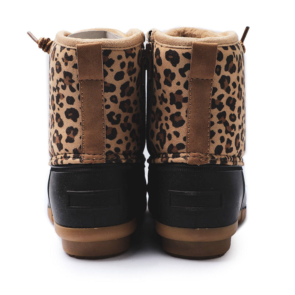 POT IT Women's Leopard Mid Calf Duck Boots - Slip On Waterproof Booties for Snow and Rain