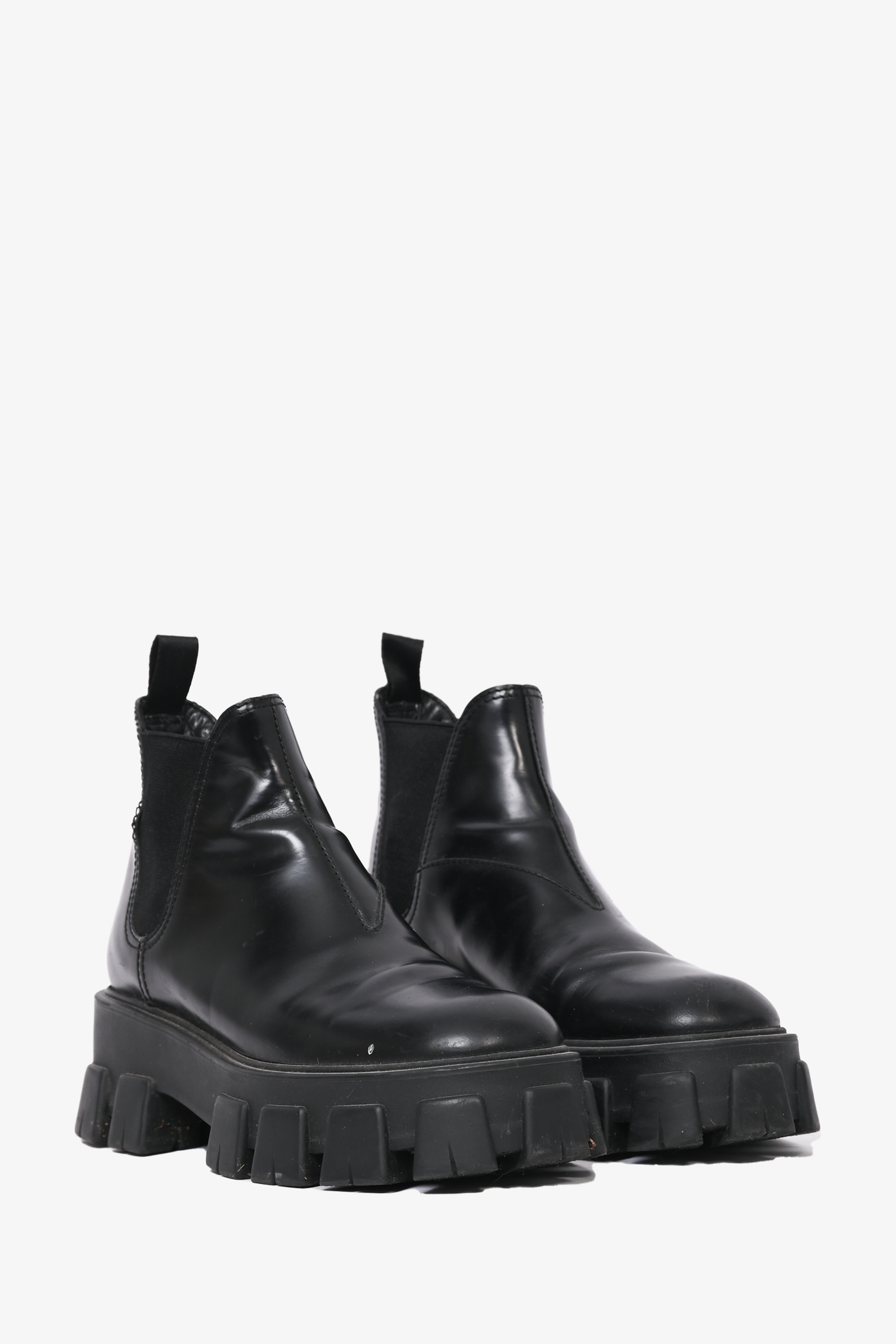 Prada Chelsea Boots – Black Leather, Monolith Lug Sole, Size 38