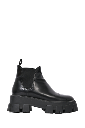 Prada Chelsea Boots – Black Leather, Monolith Lug Sole, Size 38