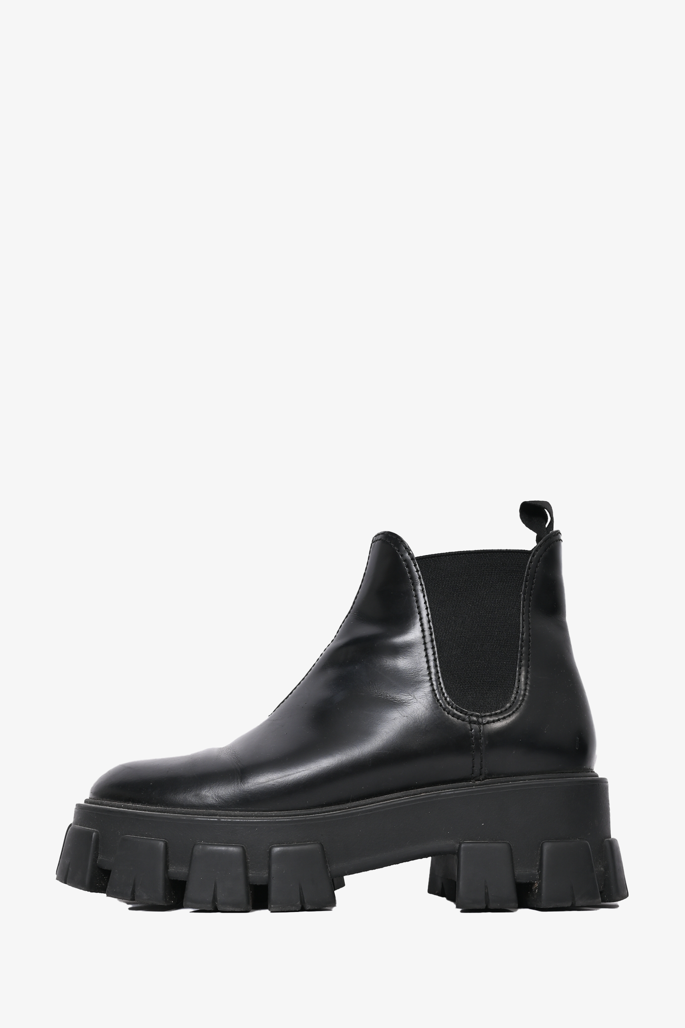 Prada Chelsea Boots – Black Leather, Monolith Lug Sole, Size 38