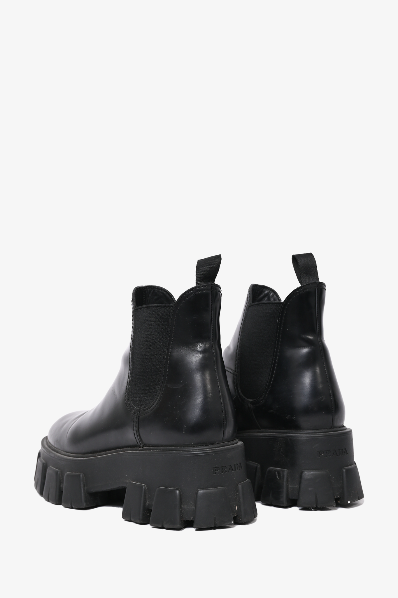 Prada Chelsea Boots – Black Leather, Monolith Lug Sole, Size 38