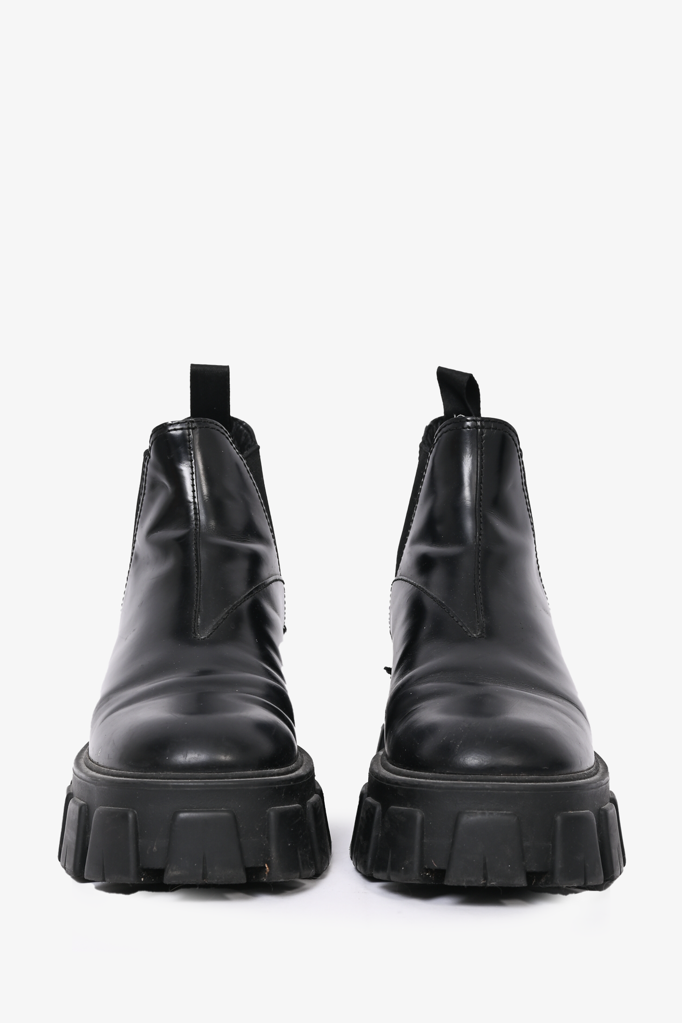 Prada Chelsea Boots – Black Leather, Monolith Lug Sole, Size 38