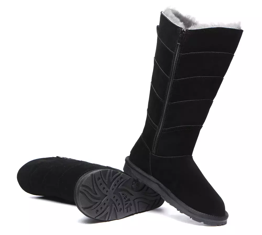 Premium Australian Sheepskin Knee High Zipper Boots Women - Swanston 5 Panel