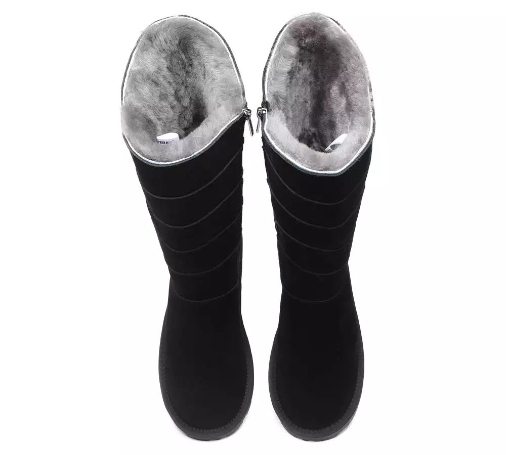 Premium Australian Sheepskin Knee High Zipper Boots Women - Swanston 5 Panel