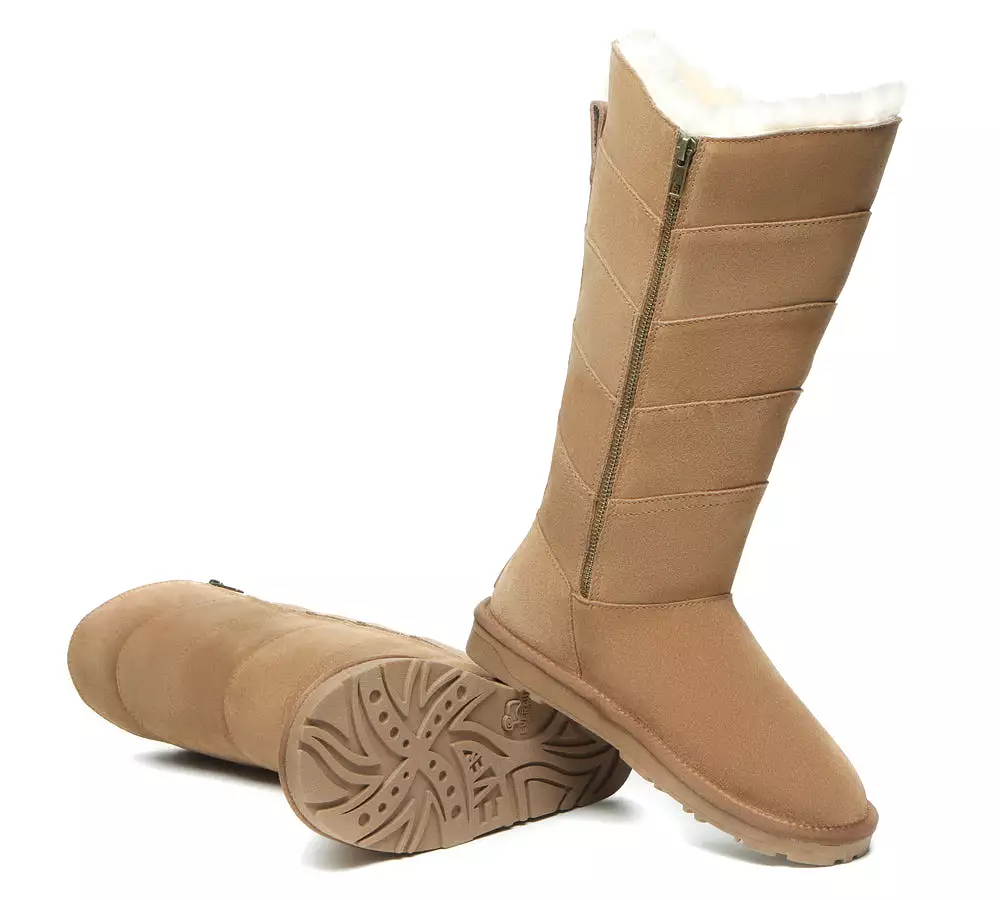 Premium Australian Sheepskin Knee High Zipper Boots Women - Swanston 5 Panel