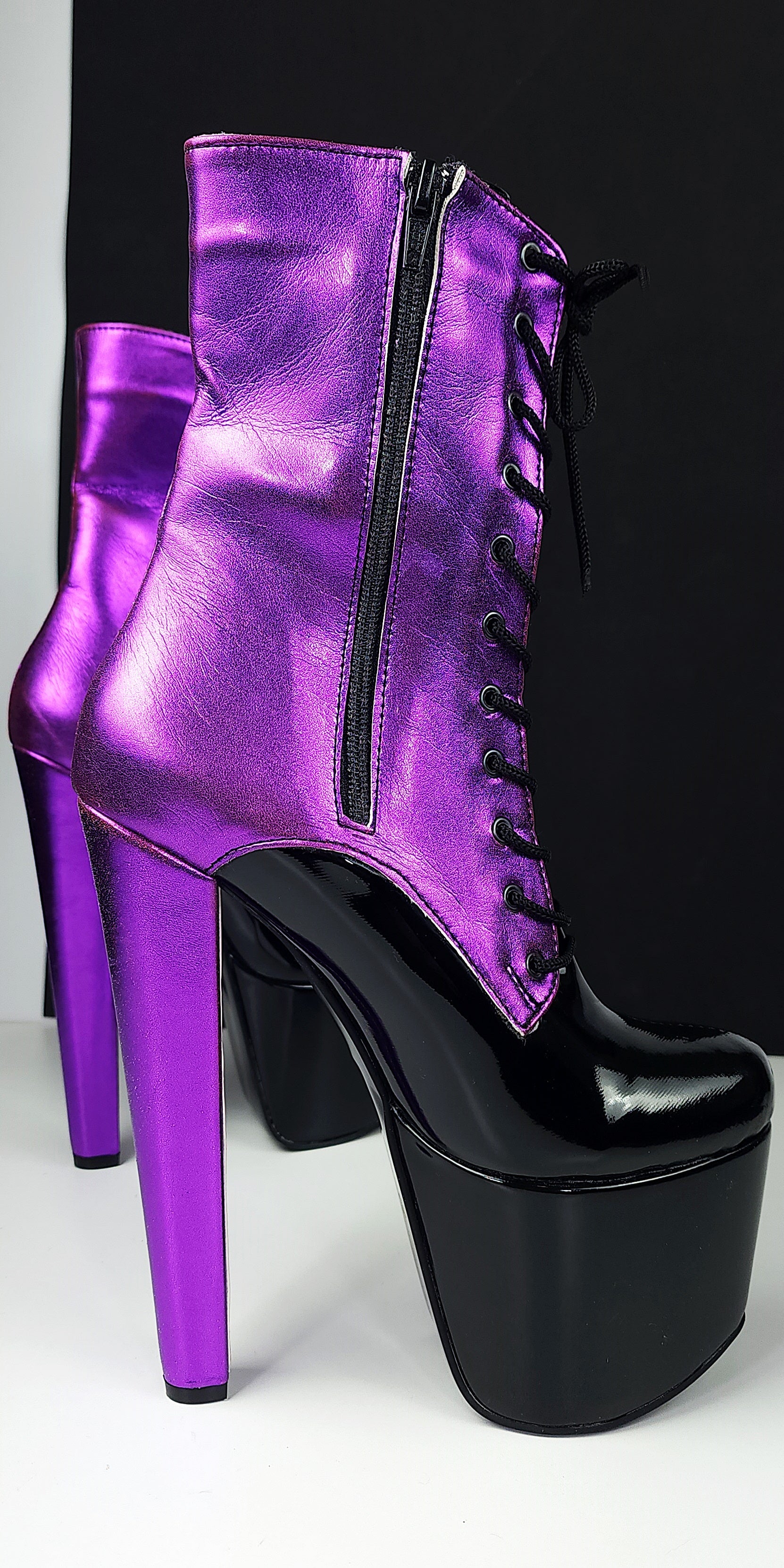 Purple Black Chunky Heel Boots