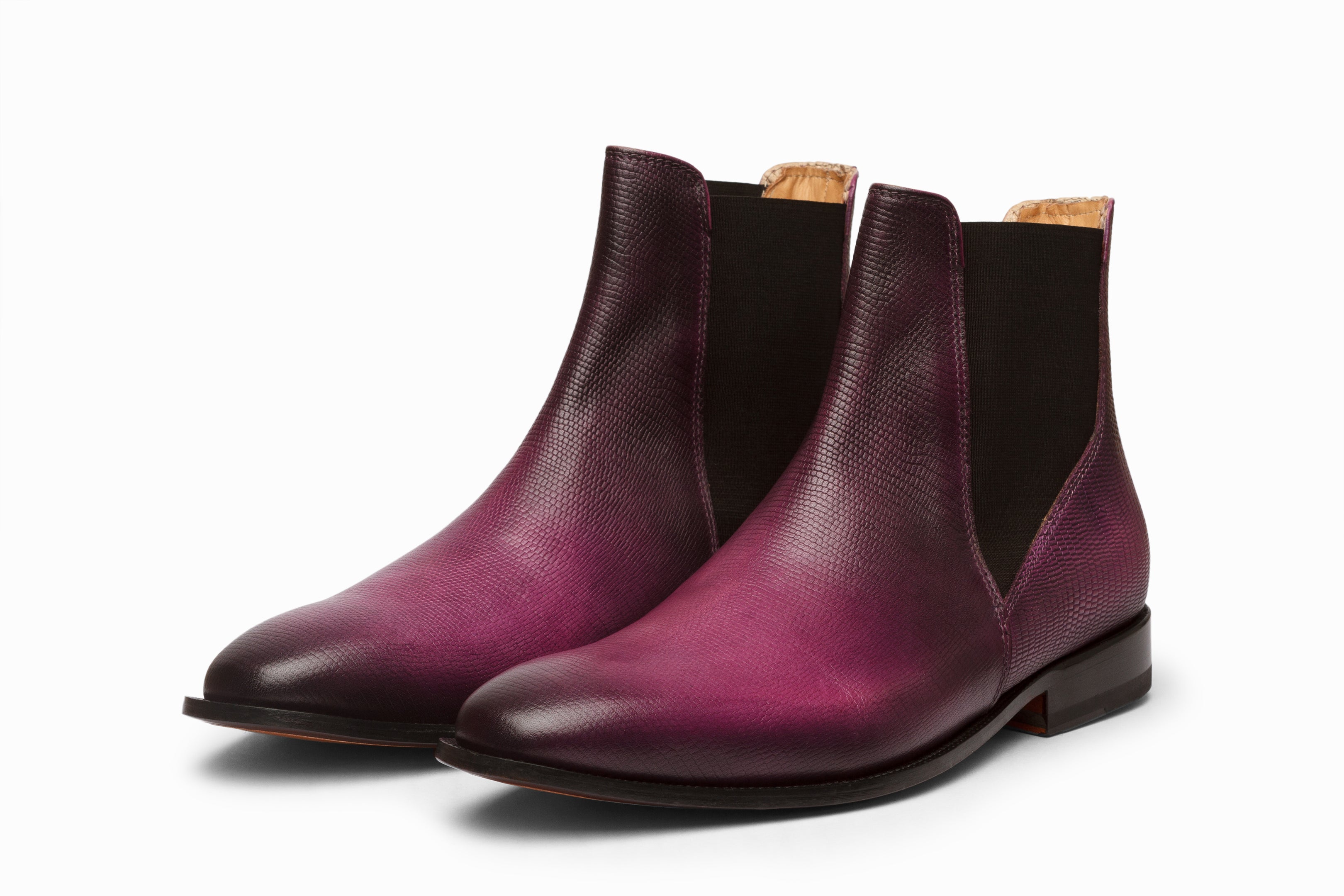 Purple Patina Lizard Skin Print Chelsea Boots