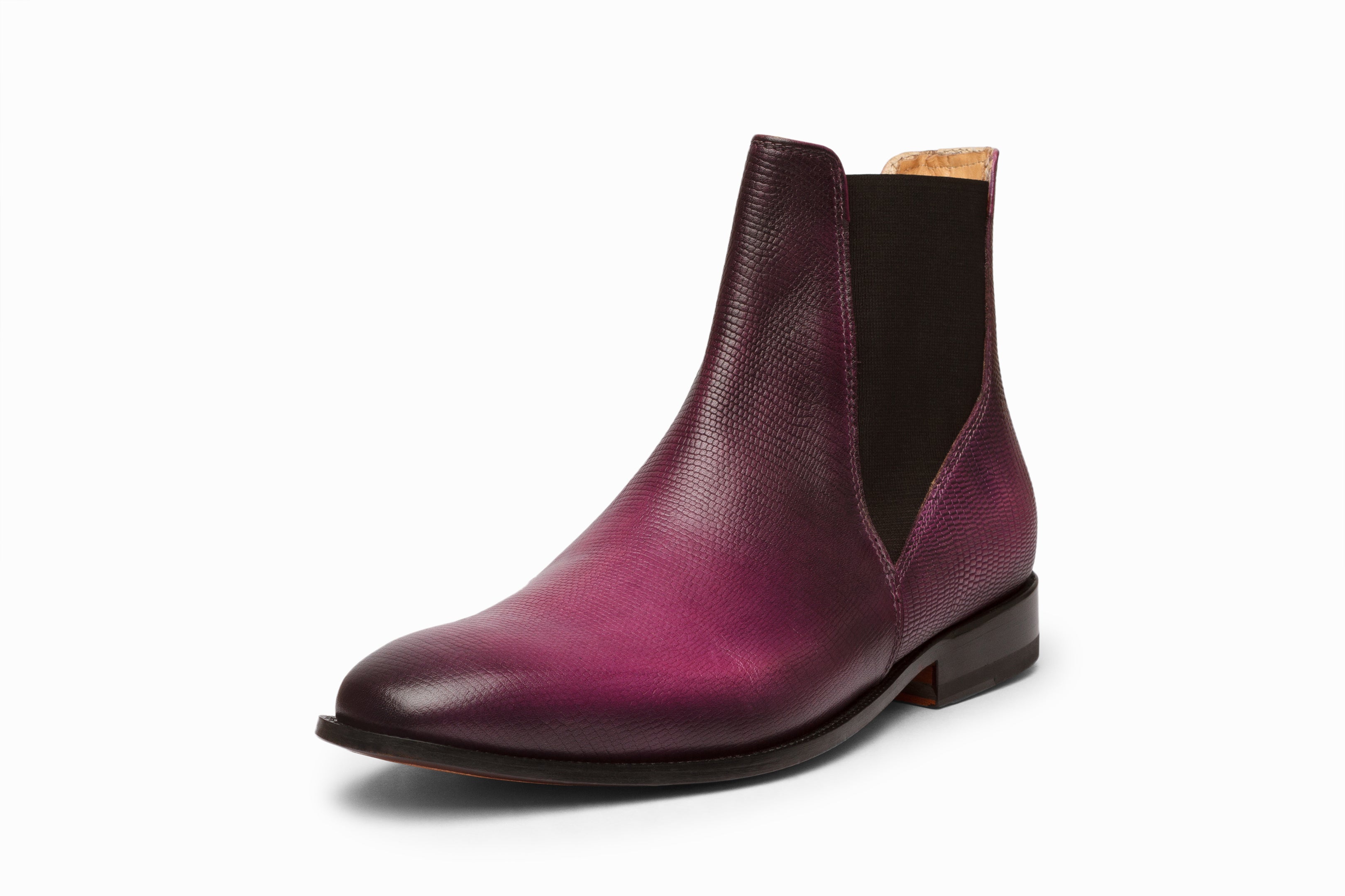 Purple Patina Lizard Skin Print Chelsea Boots