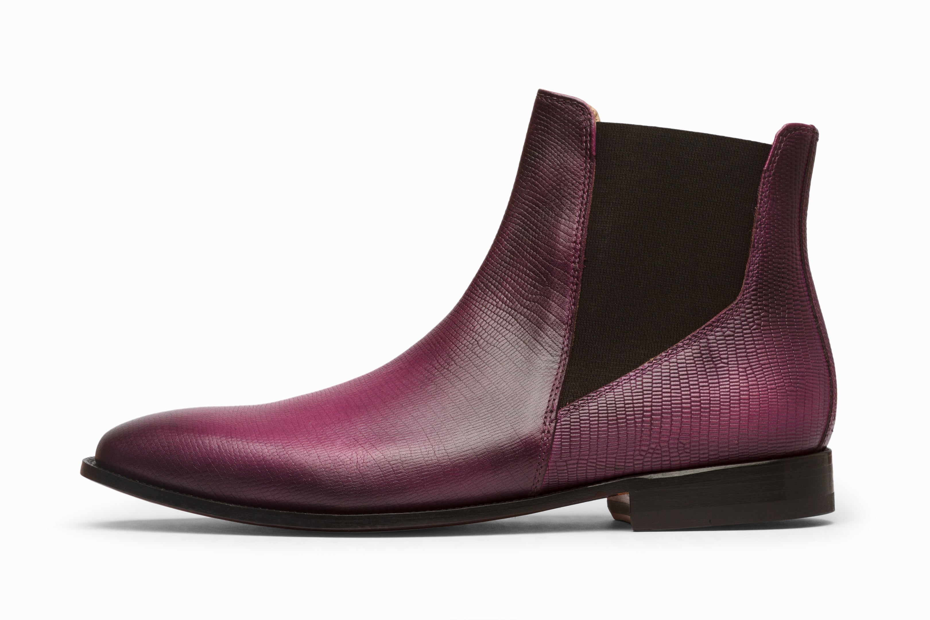 Purple Patina Lizard Skin Print Chelsea Boots