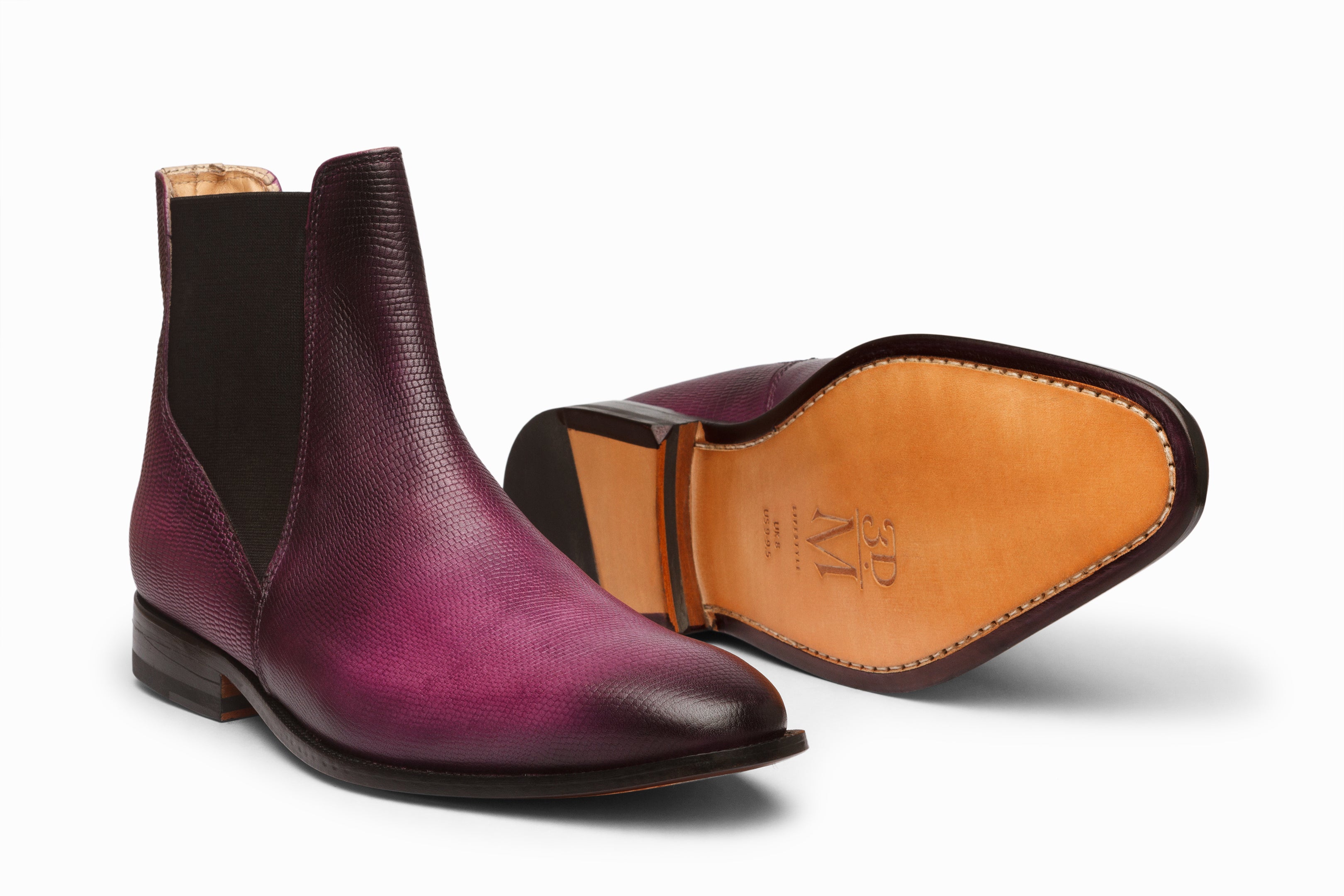 Purple Patina Lizard Skin Print Chelsea Boots