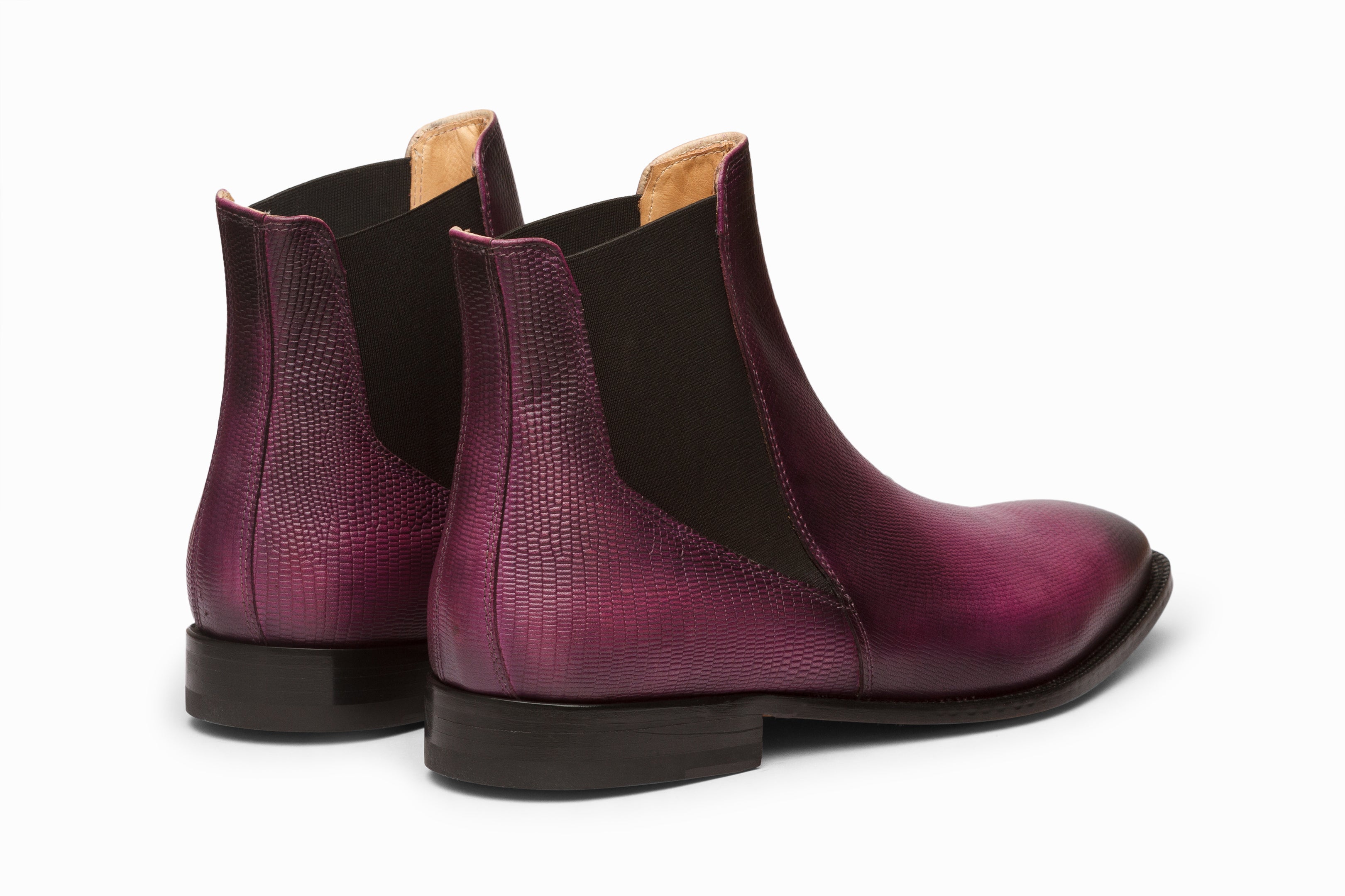 Purple Patina Lizard Skin Print Chelsea Boots