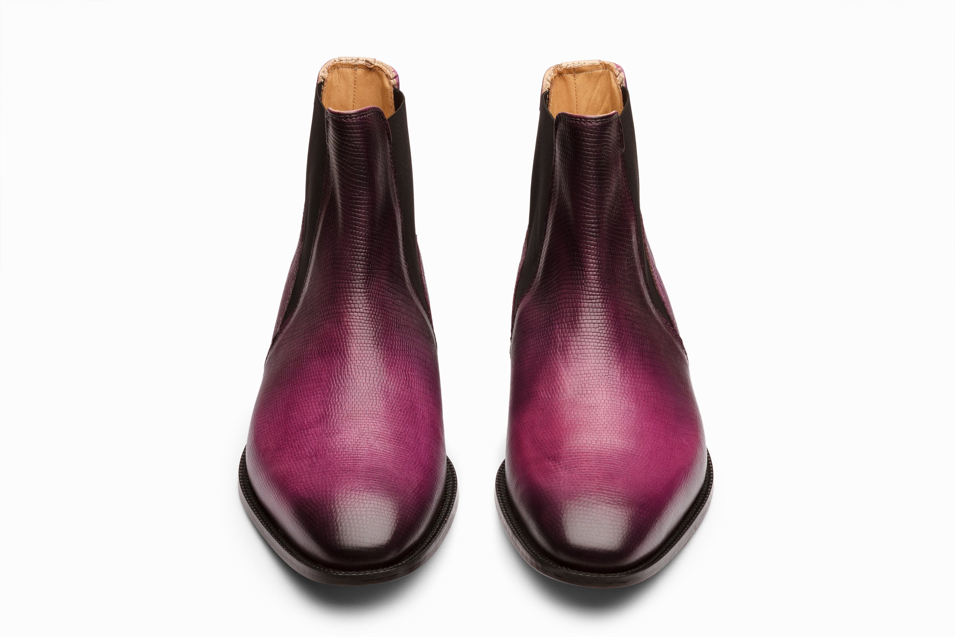 Purple Patina Lizard Skin Print Chelsea Boots