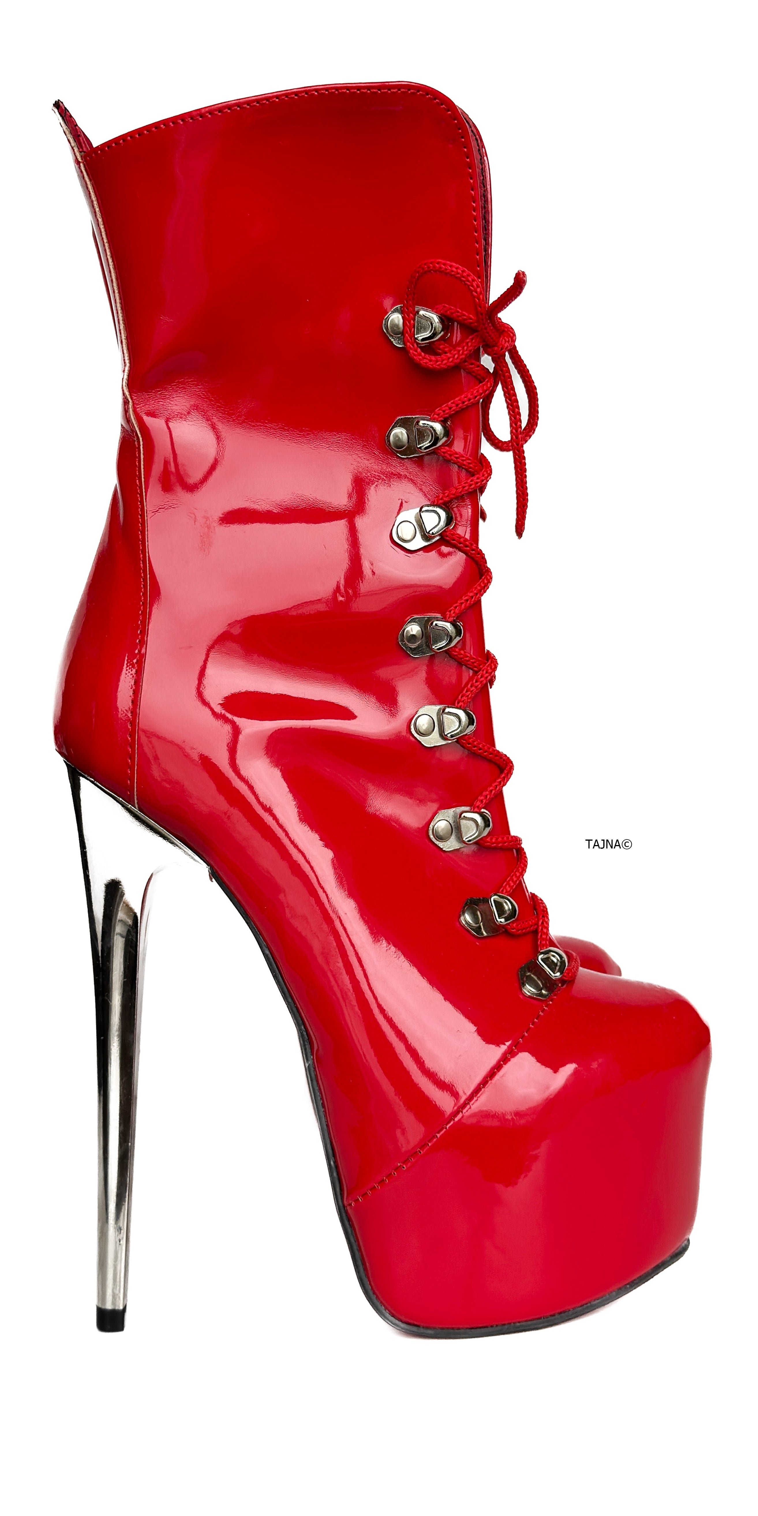 Red Glossy Metal Heel Military Ankle Boots