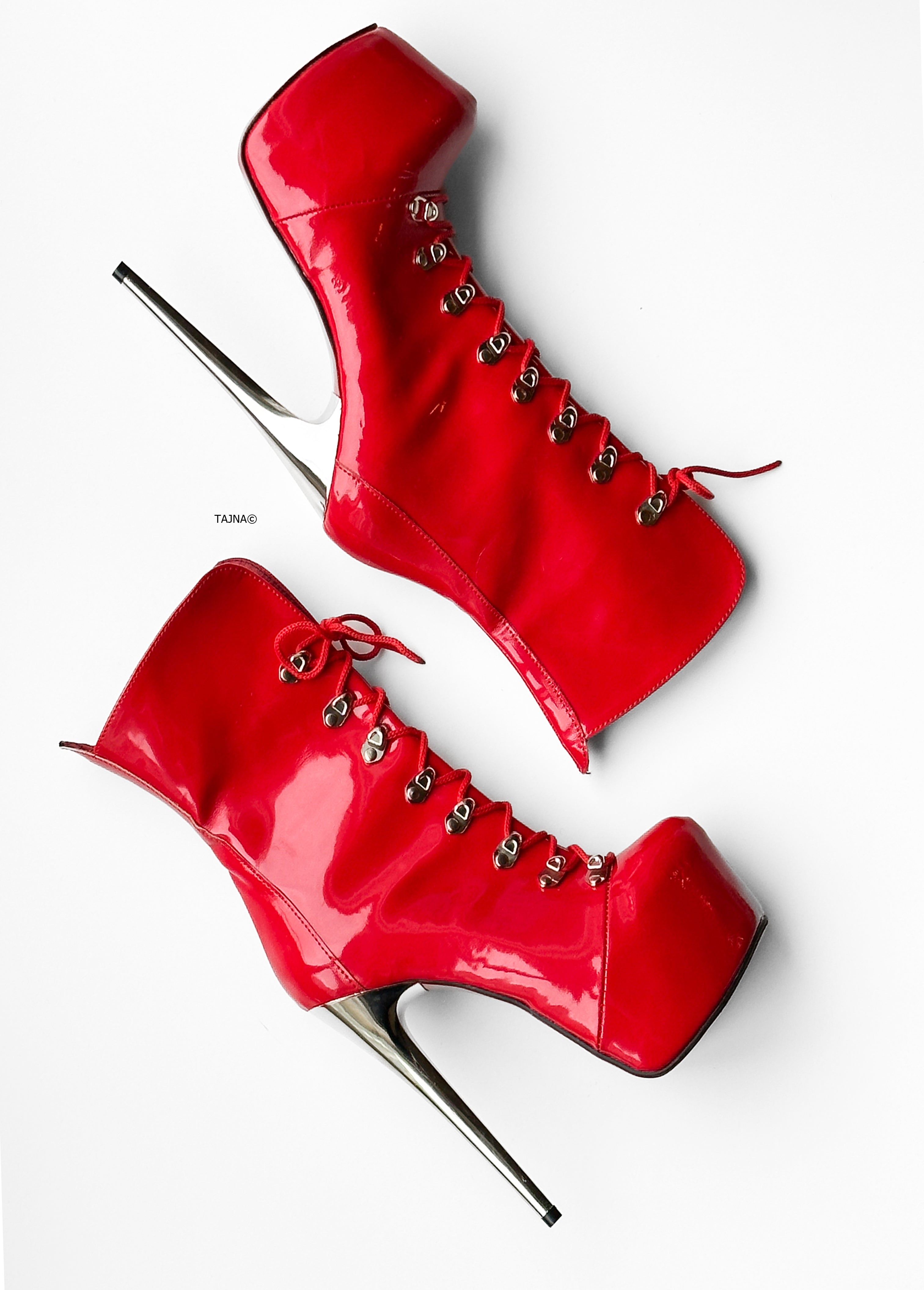 Red Glossy Metal Heel Military Ankle Boots