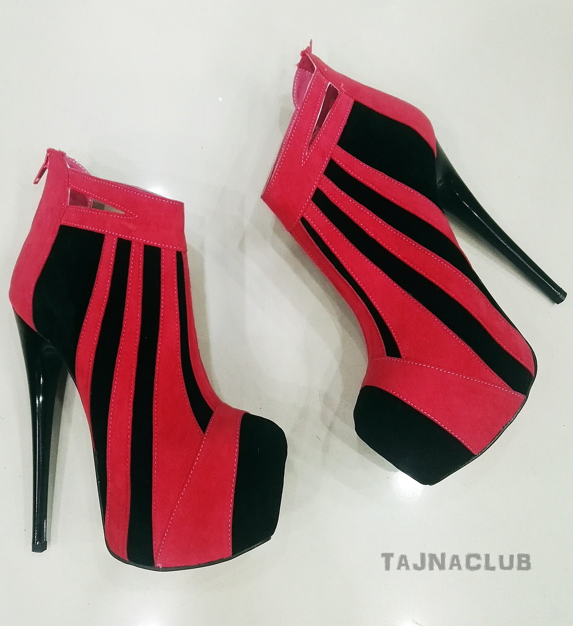 Red high heel ankle boots with zipper