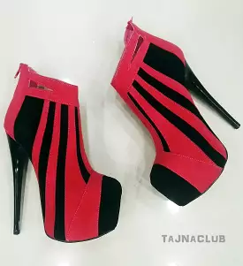 Red high heel ankle boots with zipper