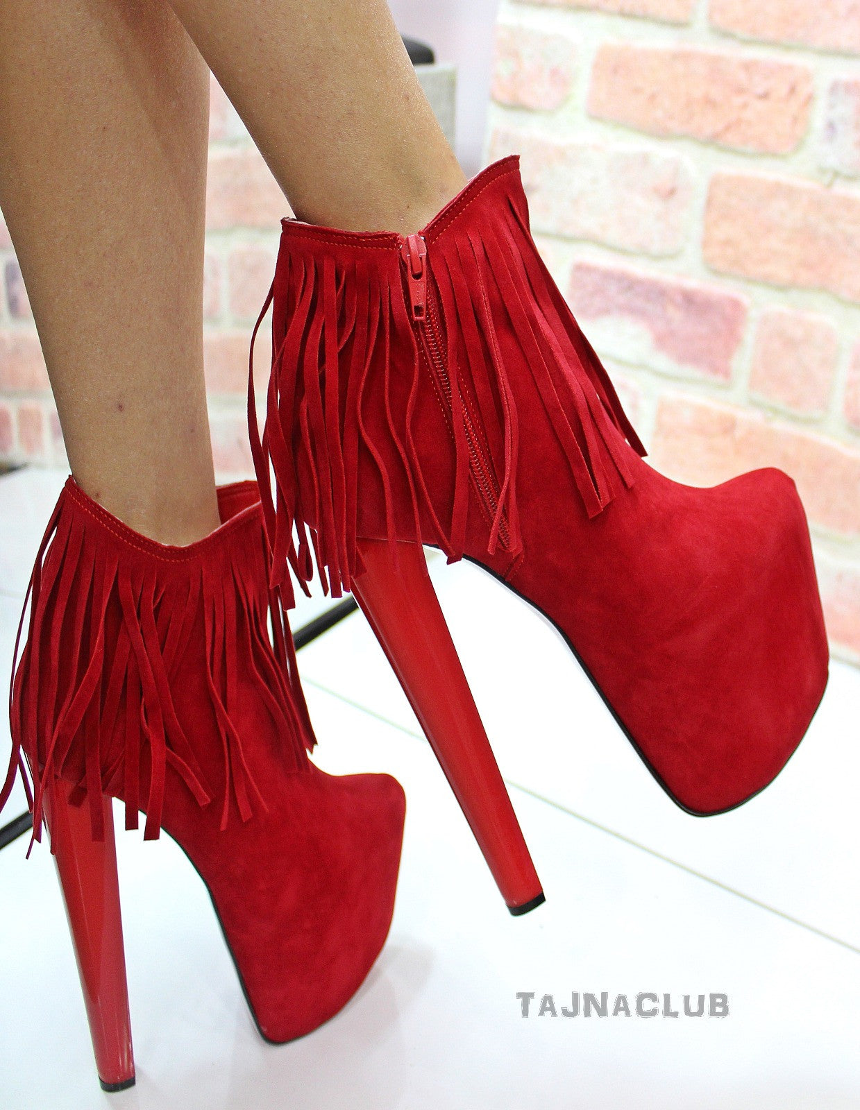 Red Platform Ankle Boots with Fringe