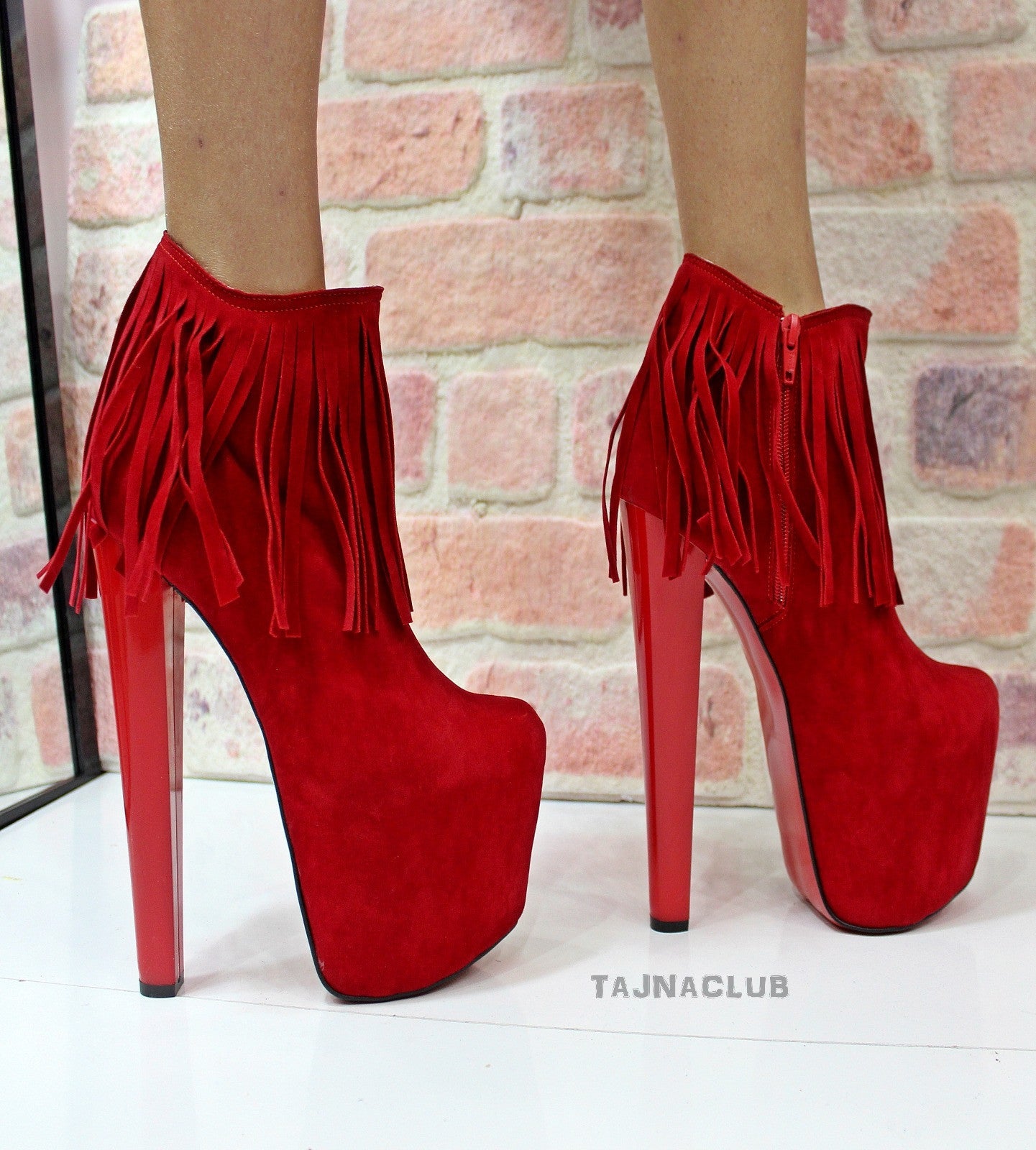 Red Platform Ankle Boots with Fringe