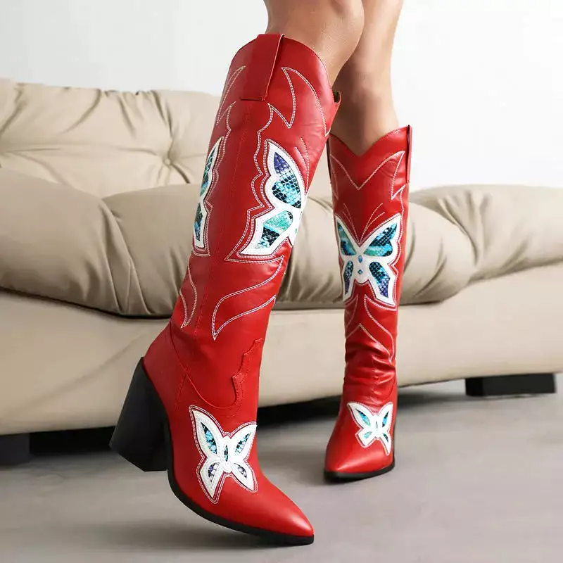 Red Pointed Toe Cowboy Boots with Butterfly Embroidery and Chunky High Heels for Women