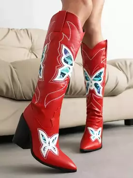 Red Pointed Toe Cowboy Boots with Butterfly Embroidery and Chunky High Heels for Women